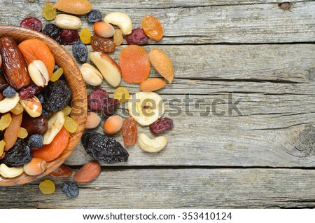 Mix of dried fruits and nuts  in a wooden bowl on wooden table - symbols of judaic holiday Tu Bishvat. Copyspace background.Top view.