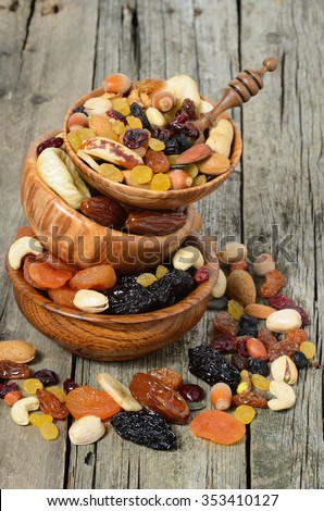 Mix of dried fruits and nuts in a wooden bowl - symbols of judaic holiday Tu Bishvat.
