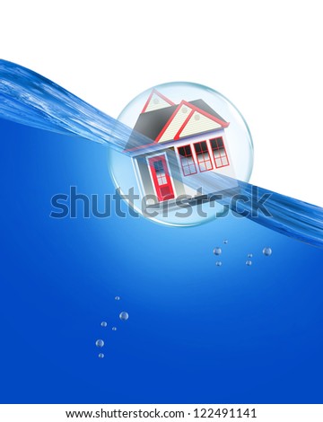 Home floating in bubble on water.