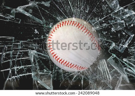 Fast baseball through glass window.