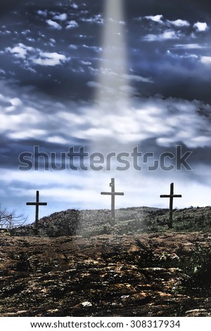 The three old wooden crosses on the hill.
