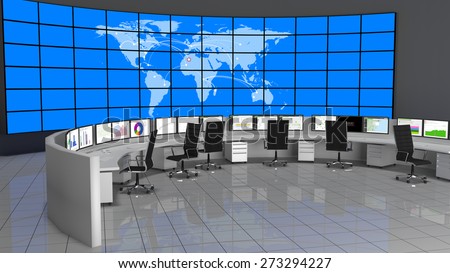 Network / Security Operations Center containing computers desks and a large screen containing the world map.