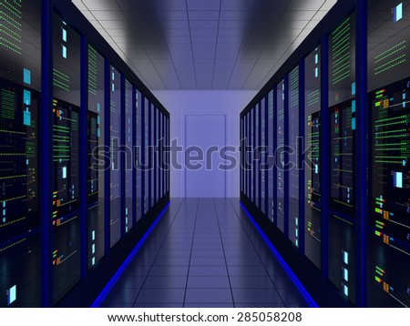 symmetrical server room (colocation) or colo with server cabinets on two sides