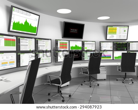 Security Operations Center - SOC containing monitors with statistics. A security operations center (SOC) is a centralized location that deals with security issues.
