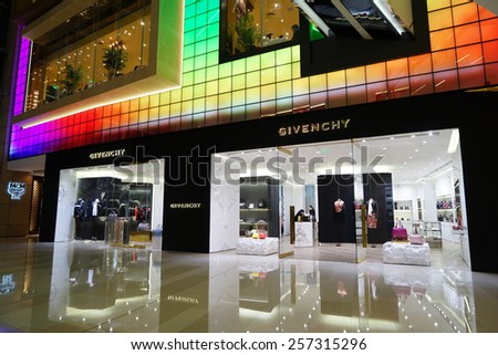 SHANGHAI, CHINA - March 2. 2015: Interior of the new IAPM Shopping Mall downtown in old French Concession. Givenchy store inside Just after Chinese new year at March 2. 2015 Shanghai, China