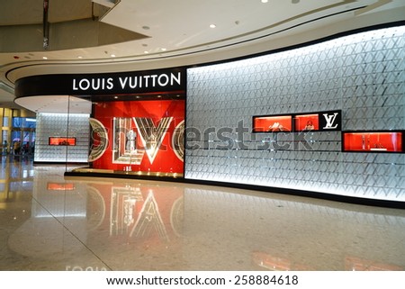 SHANGHAI, CHINA - March 8. 2015: Interior of the IFC Shopping Mall downtown in Pudong Lujiazui. LOUIS VUITTON Just The international women's day at March 8. 2015 Shanghai, China