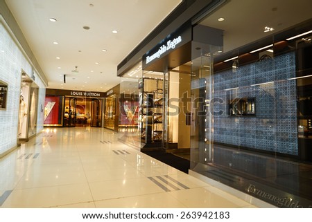 HANGZHOU-MAR. 26, 2015. Luxury shopping mall interior. China accounts for about 20 percent, or 180 billion renminbi ($27 billion1 ) of global luxury sales in 2015, according to new McKinsey research.