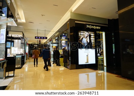 HANGZHOU-MAR. 26, 2015. Luxury shopping mall interior. China accounts for about 20 percent, or 180 billion renminbi ($27 billion1 ) of global luxury sales in 2015, according to new McKinsey research.