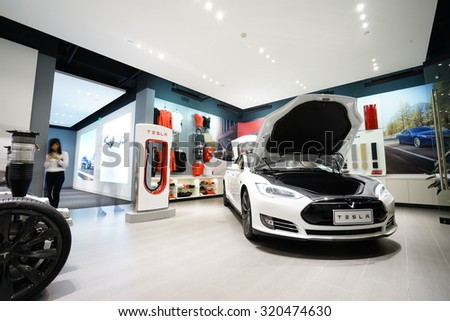 Hangzhou, China - Sept. 23, 2015: New Tesla Model S showroom has arrived in Hangzhou, China. Tesla is an American company that designs, manufactures, and sells electric cars