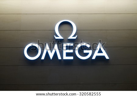 HANGZHOU, CHINA - Sept. 8, 2015: OMEGA watch logo - OMEGA is a Swiss luxury watchmaker based in Bienne Switzerland.