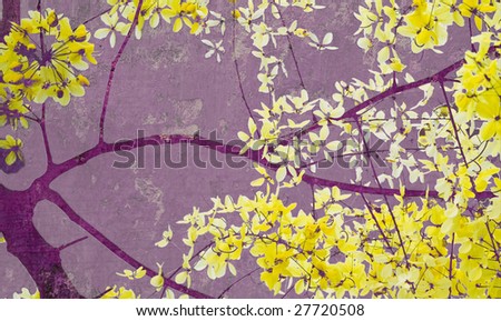 yellow blossom print on purple plaster