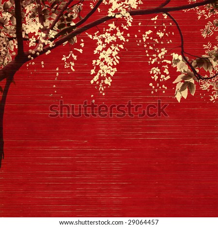 white and black blossom on red wooden slatted background