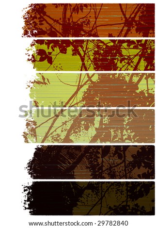 blossom branches on orange green and brown wood slat banner set isolated