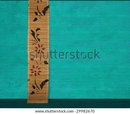 flower bamboo banner on aquamarine ribbed wood background