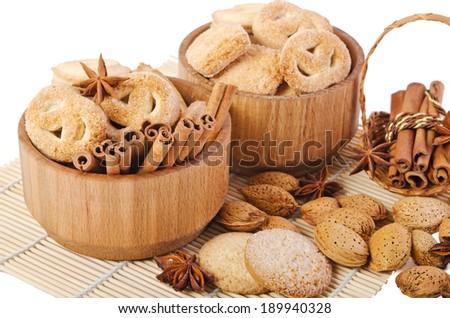 Sweet cookies with cinnamon sticks, anise and almonds