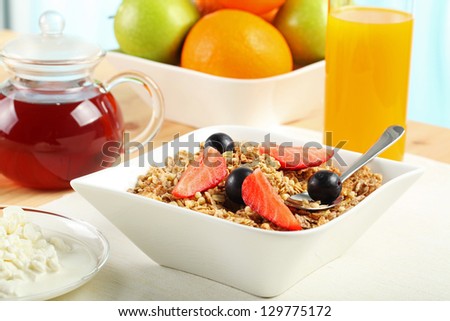 Table Breakfast - Continental Breakfast, fruit, cereals, orange juice and milk