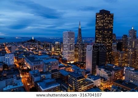 San Francisco cityscape and bay at night