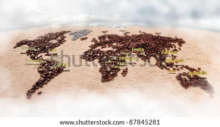 Image of world map made of coffee grains with most coffee exporters countries marked on it