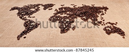 Image of world map in perspective made of coffee grains