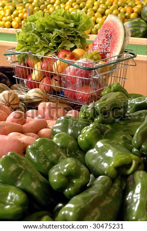 fruit vegetables in a basket of supermarket vegetables