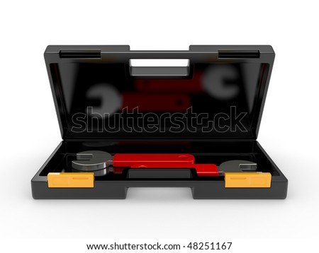 Plastic case with wrenches on a white background