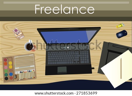 Desktop , laptop, home computer , paint, plate , freelance , work at home ,  illustration