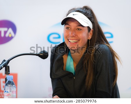 STRASBOURG, FRANCE - MAY 16 :  Oceane Dodin talks to the media at the 2015 Internationaux de Strasbourg WTA International tennis tournament