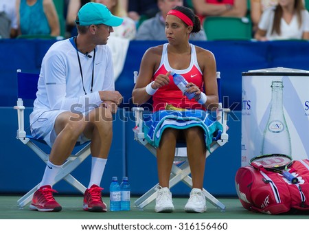 STANFORD, UNITED STATES - AUGUST 6 :  Madison Keys talks to coach Jon Leach at the 2015 Bank of the West Classic WTA Premier tennis tournament
