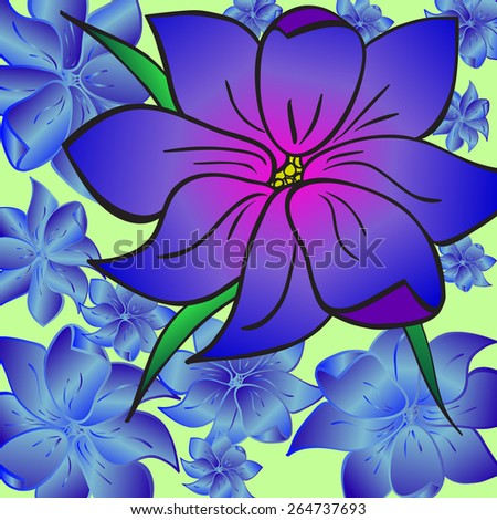 Large purple flower surrounded by small blue flowers