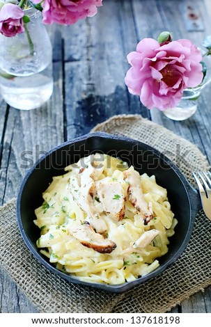 Chicken pasta on table