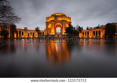 Palace of Fine Arts Museum at on a cloudy night in San Francisco.