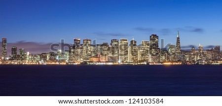 San Francisco skyline at night, with holiday season lights.