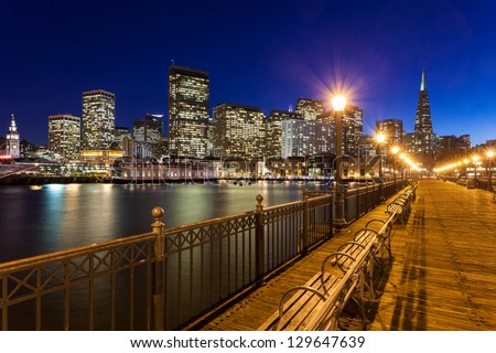Romantic view of San Francisco at night from Pier 7.