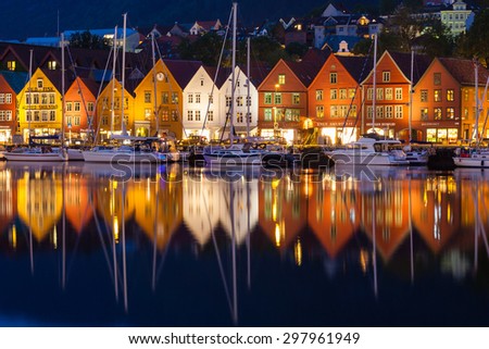 BERGEN, NORWAY - JULY 11: The famous Bryggen Hanseatic wharf houses at night, a UNESCO World Heritage site on July 11, 2015, in Bergen, Norway.
