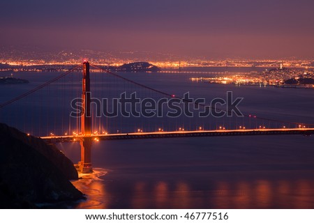 Golden Gate Bridge and San Francisco Skyline at Night.