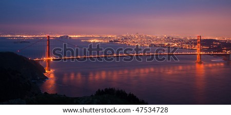 Golden Gate Bridge and San Francisco Skyline at Night Seen from Marin Headlands, California.