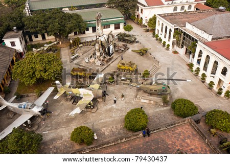 HANOI, VIETNAM - DEC 2: The famous Military History museum in Hanoi, Vietnam, with its collection of captured American aircraft and a war debris pyramid exhibit on December 2, 2009.