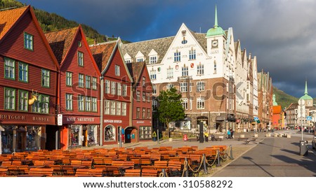 BERGEN, NORWAY - JULY 9: Panorama of the Bryggen Hanseatic Wharf, a UNESCO World Heritage site with shops, hotels, and restaurants on July 9, 2015, in Bergen, Norway.