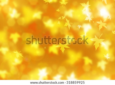 Autumn leaves sunny background. Abstract fall bokeh with sun shining through the trees. Fall forest with maple leaves flying in the air. Blurred yellow and orange fall background. Windy autumn day.