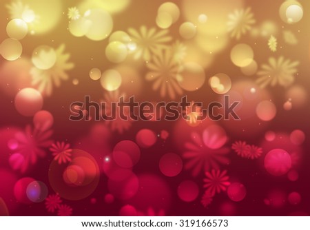 Fall background. Beautiful red autumn fantasy background. Abstract fall bokeh with flowers. Blurred red and brown fall background with stardust and flowers. Mystical magic forest. Autumn background.