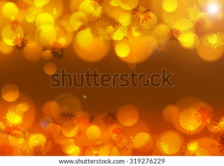 Fall background. Autumn leaves sunny background. Abstract fall bokeh with lens flare effect. Defocused bokeh background with flowers. Orange red and brown fall colors. Bokeh lights. Yellow and orange.