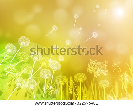 Realistic and beautiful nature meadow with flowers and grass. Meadow with Dandelions flying to the sun as the summer is over. Beautiful fall concept with meadow full of flowers and grass.