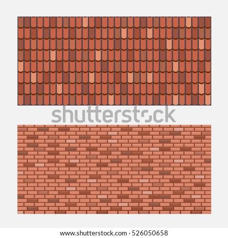Roof tiles, brick wall texture, vector illustration. Realistic brown tile and brick elements.