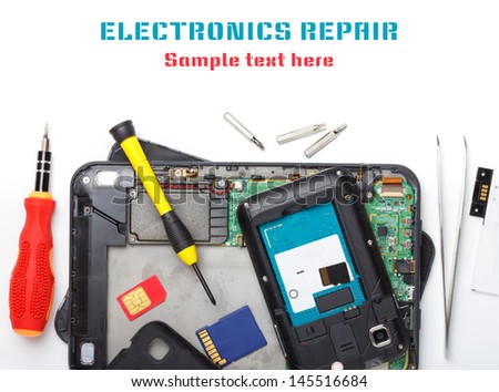 Mobile phone and tablet computer repair, isolated on white