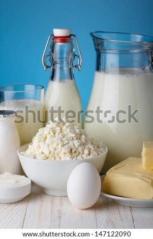Dairy products on wooden table close-up