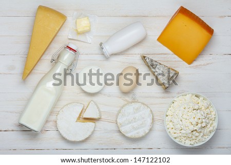 Dairy products assortment on wooden table - milk, cheese, egg, yogurt, sour cream, cottage cheese and butter