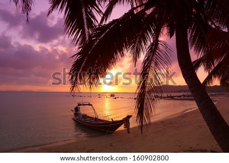 Small boat under the palm trees on tropical beach at sunset