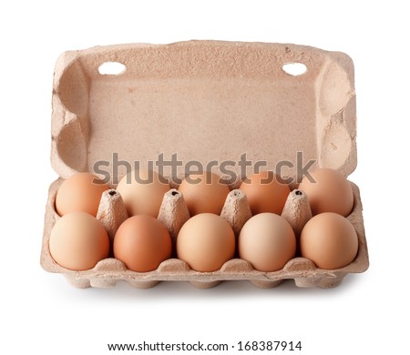 Fresh eggs in paper tray, isolated on white background