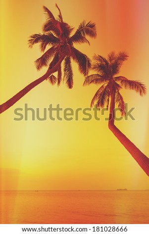 Retro stylized two palm trees on tropical beach at sunset