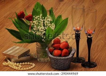 romantic evening strawberry flowers wine